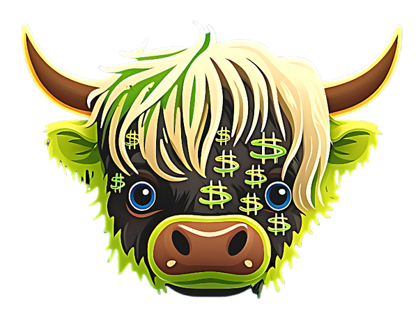 Cash Cow Design Logo, Cartoon highland cow with green hair and dollar signs